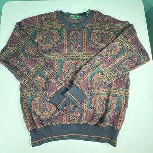 Embassy Row Men's Vintage Wool Sweater Made in Italy Abstract Print Crew Neck